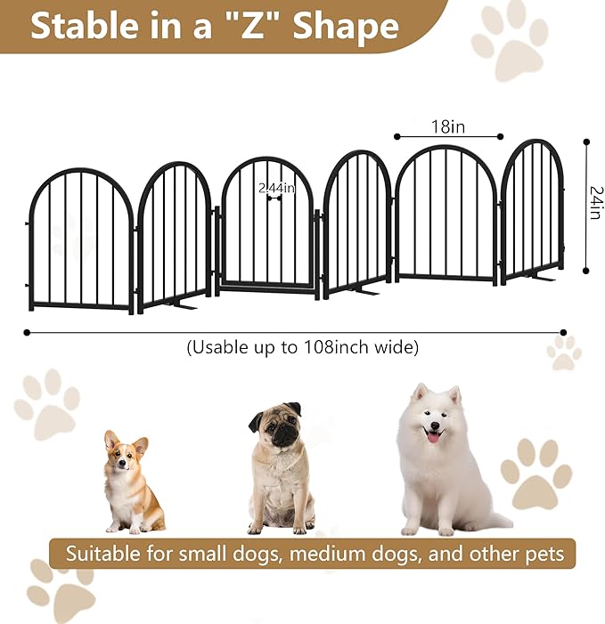 Full Metal Dog Gate with Door for Indoor Outdoor, 24" Tall Free Standing Pet Dog Fence, 108" Extra Wide Pet Gates for Stairs, Hallways, Doorways, Kitchen, Decks, Yards (Black, 6 Panels)