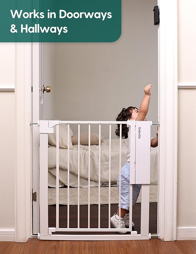 Babelio Smart Infrared Auto-Unlock Baby Gate for Doorways & Stairs, Auto Close Dog/Pet Gates for House, Pressure Mounted | Easy Install | No Drilling | Walk Thru Door (White, 30.3-47.2" W, 30" H)