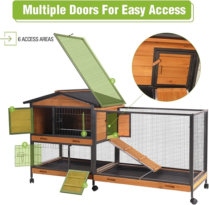 Rabbit Hutch with Chew Proof Metal Frame Indoor and Outdoor, Mobile Rabbit Cage with Wheels, Large Bunny Cage with Leakproof Trays and Waterproof Roof for Guinea Pig, Small Animals (Orange)