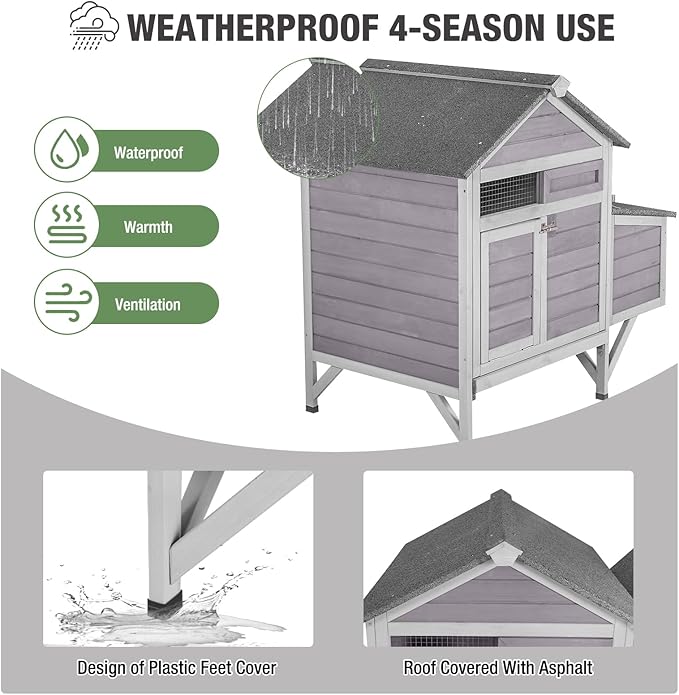 Chicken Coop with Nesting Box, Wooden Chicken House Outdoor with Leakproof Pull Out Metal Tray, Small Chicken Coops with Weatherproof Roof for 3 Chickens