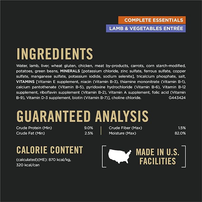 Purina Pro Plan Complete Essentials Lamb and Vegetables Entree in Wet Dog Food Gravy - (Pack of 12) 13 oz. Cans