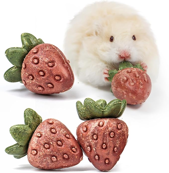 TEEWY Guinea Pig Toys, 4PCS Strawberry Shaped Hamster Toy, Natural Guinea Pig Chew Toys for Teeth Grinding, Hamster Enrichment Toy for Gerbil, Chinchilla, Rat and Small Animal