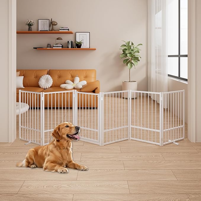6 Panels Full Metal Freestanding Dog Gates with Door, 120” W x 32” H Folding Pet Gate Fence with Support Feet for Indoor,Stairs, Hallways and Doorways(White)