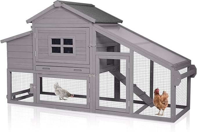 Chicken Coop with Wheels, Mobile Outdoor Chicken House with Leakproof Pull-on Tray, Nesting Box, Waterproof Roof - Grey