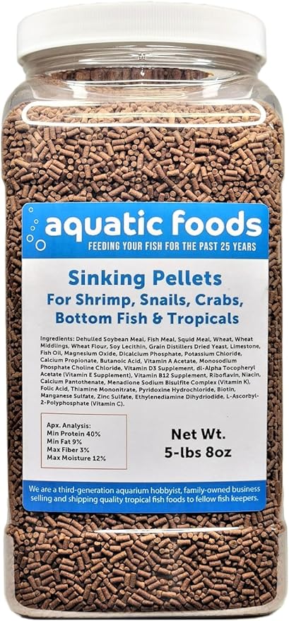 Aquatic Foods Inc. Shrimp Pellets, 40% Protein Sinking Pellet, 1/16" x 3/8" Pellets for Shrimp, Snails, Crabs, Catfish, Plecos for All Tropical Fish, by Zeigler…5-lb 8oz Lg Jar