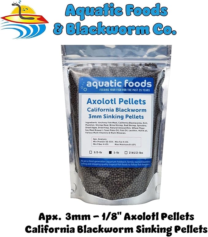 Aquatic Foods Inc. Axolotl Blackworm Pellets. 3mm-1/8 Sinking California Blackworm Medium Pellets for Medium/Large Axolotl, Frogs, Shrimp, Salamanders, Newts, Snails…1-lb Pouch Bag