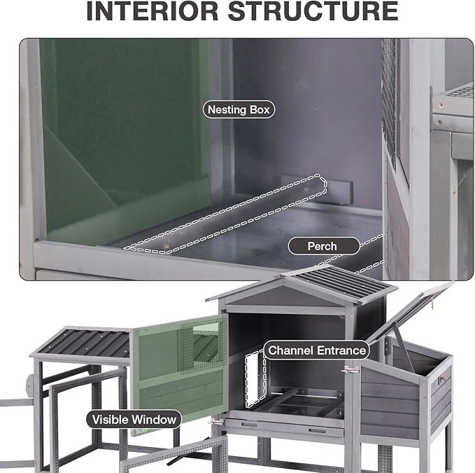 Chicken Coop with Run Large Hen House on Wheels Chicken House Poultry Cage with Nesting Box, Leakproof Pull-Out Tray, Waterproof Roof for 4-6 Chickens (Grey, 80.6" L x 26.6" W x 42.4" H)
