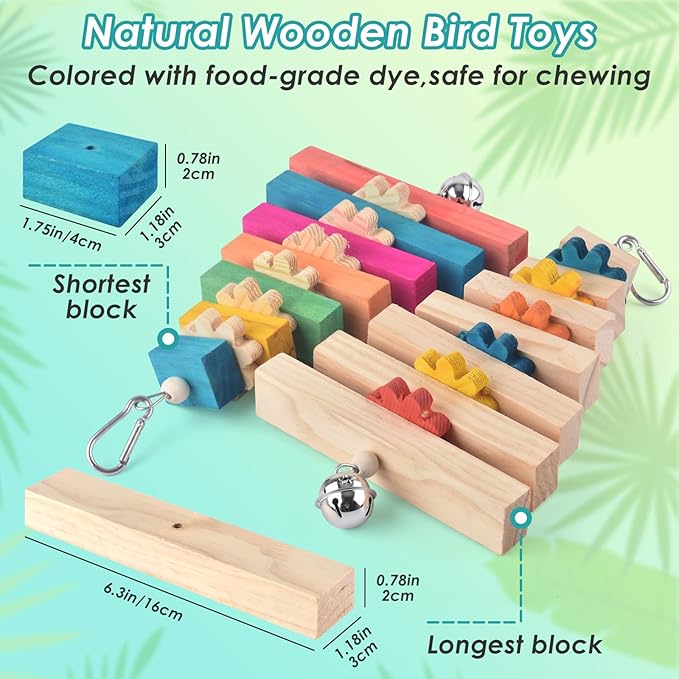 2 Pcs Bird Toys for Parrots, Colorful Natural Large Parrot Toy Hanging Chew Wood Block with Bell for Medium to Large Cockatiels, Conures, African Greys, Amazon