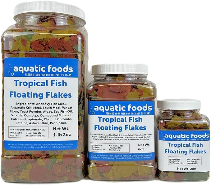 Aquatic Foods Inc. Tropical Fish Flakes, Mix of Krill, Color Enhancing, Spirulina Flakes for Cichlids, Angels, Live Bearers, Tetras, Guppies, All Tropical Fish...WL 2oz Sm Jar