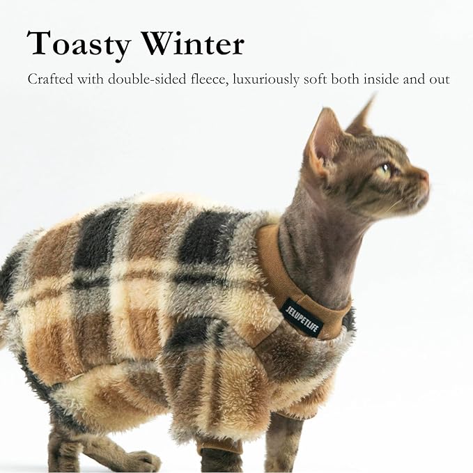 Cat Double-Sided Fleece Clothes, Soft Warm Winter Jumpsuit Sweater Shirt Clothing for Hairless Sphynx, Devon & All Indoor Kittens (Green,S)