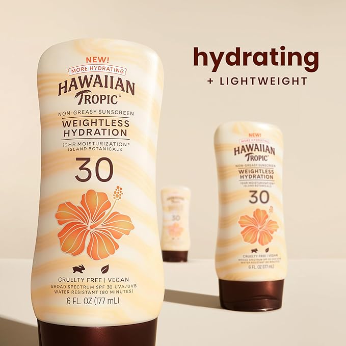 Hawaiian Tropic Weightless Hydration Lotion Sunscreen SPF 30, 6Fl Oz Twin Pack, Oil Free Sunscreen, Hawaiian Tropic Sunscreen SPF 30, Oxybenzone Free Sunscreen, Body Sunscreen Pack, 6Fl Oz each