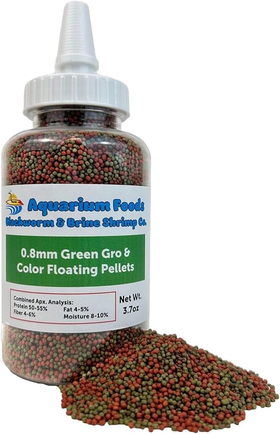 Aquatic Foods Inc. 0.8mm Micro Pellet Mix of Intense Color Enhancing & Spirulina Green GRO Floating Pellets for Guppies, Tetras, Bettas, Nano Fish, Baby Fish…3.7oz Squeeze Bottle