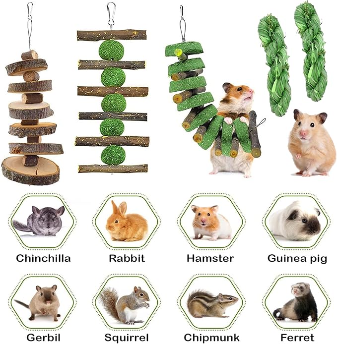 5pcs Rabbit Toys,Bunny Chew Treat for Teeth Grinding,Hanging Timothy Hay Ball +Apple Stick Wood +Alfalfa Grass Cake Food Snack for Cage Guinea Pig Chinchilla Hamster Squirrel Gerbil Rat Parrot