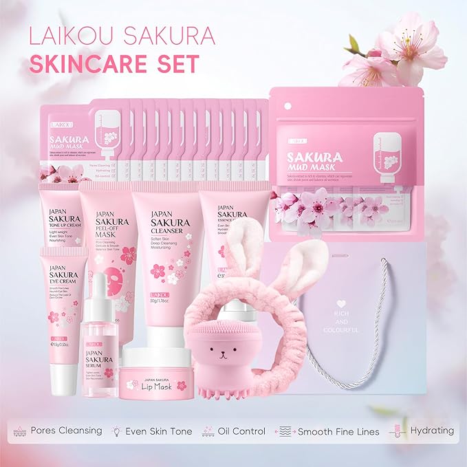 LAIKOU Sakura Skincare Set for Teen Girls, Complete 34PCS Face Care Kit, Christmas Pamper Gift Set for Women & Teenage Girls, Hydrating & Nourishing Travel-Friendly Daily Facial Skincare Routine