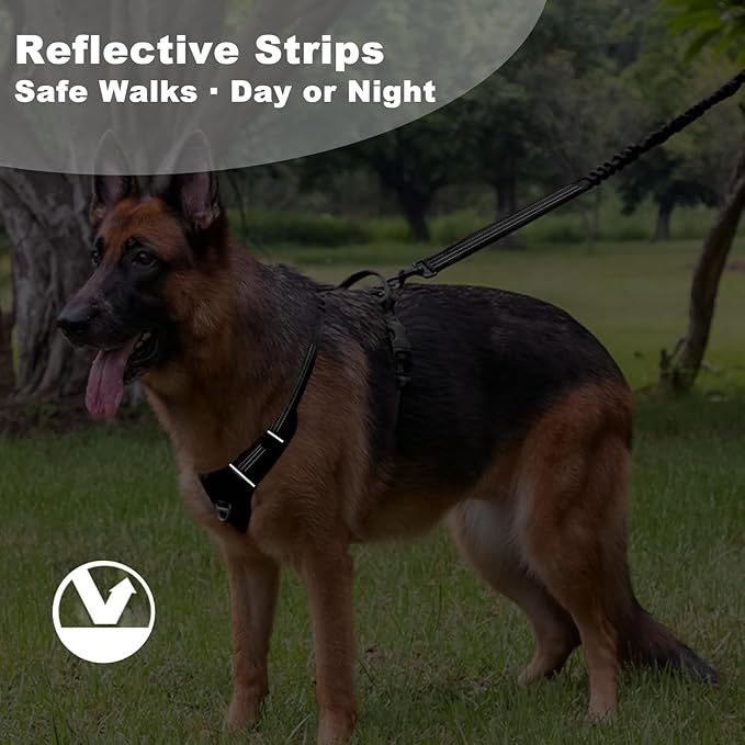 No Pull Dog Harness for Large Dogs, Adjustable, Reflective Breathable Padded Vest with 2 Metal Leash Clips and Handle for Control or Car Seatbelt Use, Black, L