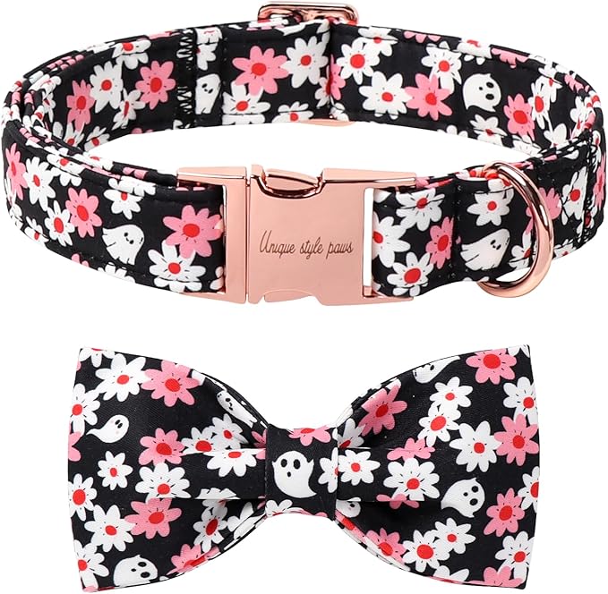 Unique style paws Cotton Dog Collar with Bow Autumn Puppy Collar with Halloween Ghost Flower for Small Medium Large Boys Girls Dogs