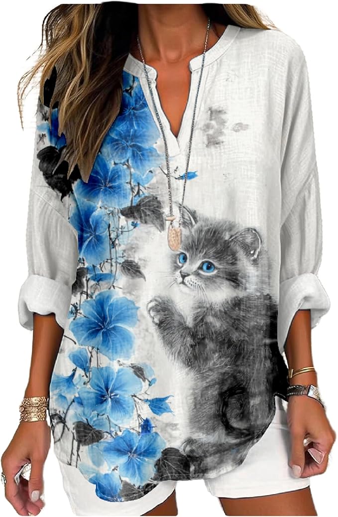 MARSVOVO Cat Shirts for Women Long Sleeve Cute Cat Pullover Graphic Novelty V Neck Blouse Oversized Funny Tunic Tops