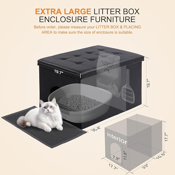 MEEXPAWS Cat Litter Box Enclosure Furniture Hidden, Cat Washroom Bench Storage Cabinet | Extra Large 35.4'' x 19.7'' x 19.7''| Dog Proof | Waterproof Inside/Easy Clean | Easy Assembly | Odor Control