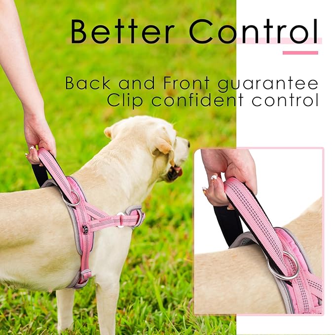 ADVENTUREMORE No Pull Dog Harness for Large Dogs, Sport Dog Halter Harness Reflective Breathable Dog Vest Escape Proof Dog Harness with Easy Control Front Clip Handle for Training Walking L Pink