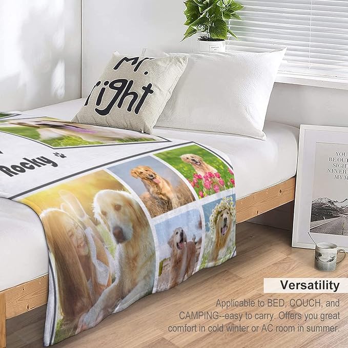 Personalized Throw Blanket with Dog Photo,Dogs Memorial Blankets Customized with Name for Dog Pet Cat Loving Remembrance Custom Soft Fleece Throw Blankets Memory Gift for Family and Friends