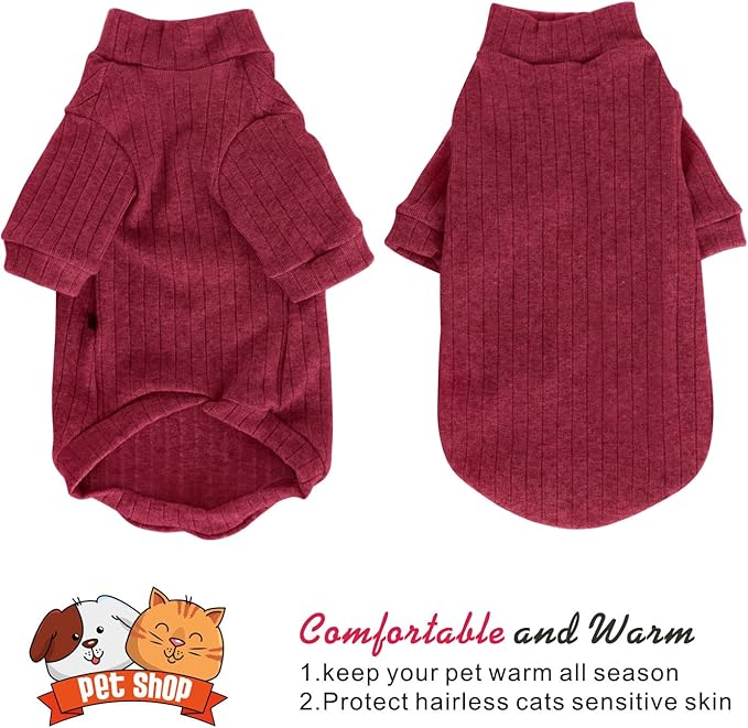 Idepet Sphynx Hairless Cats Sweater Shirt Kitten Soft Puppy Clothes Pullover Cute Cat Pajamas Jumpsuit Cotton Apparel Pet Winter Turtleneck for Cats and Teacup Chihuahua Small Dogs(Red,M)
