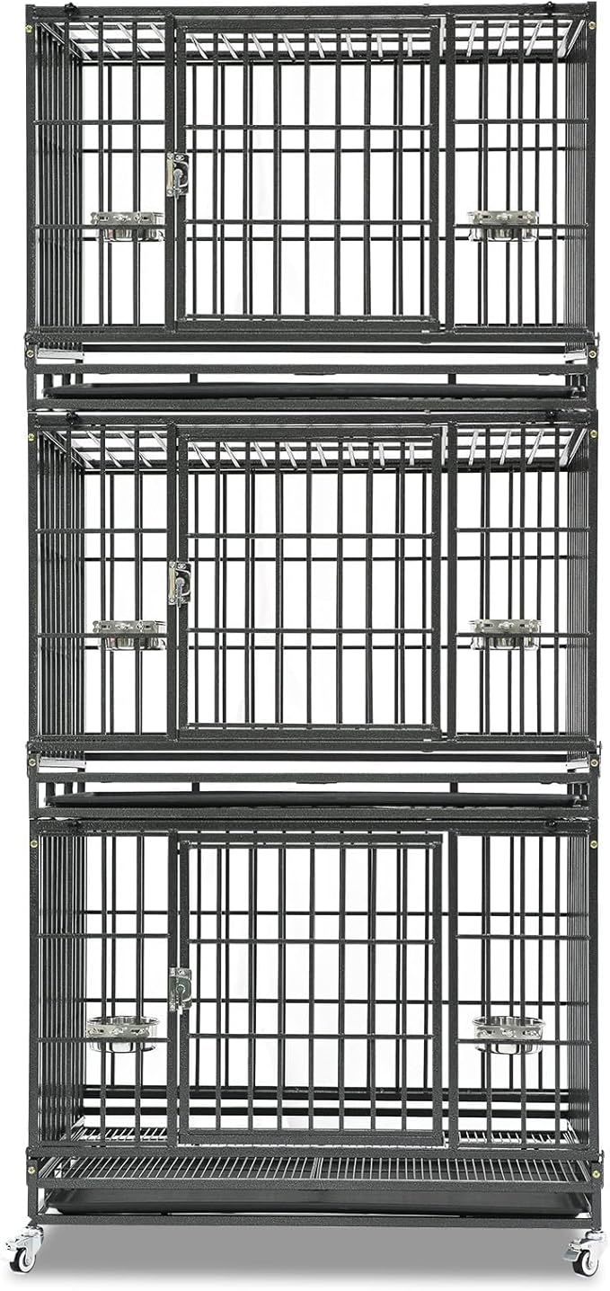 Homey Pet Three Tiers 37 Inch Dog Crate, Escape Proof Dog Cage Kennel Indoor with Top Access and Lockable Wheels, Removable Tray, Heavy Duty Dog Crates for Medium/Small Dogs