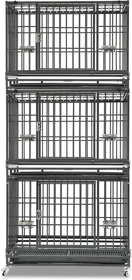 Homey Pet Three Tiers 37 Inch Dog Crate, Escape Proof Dog Cage Kennel Indoor with Top Access and Lockable Wheels, Removable Tray, Heavy Duty Dog Crates for Medium/Small Dogs
