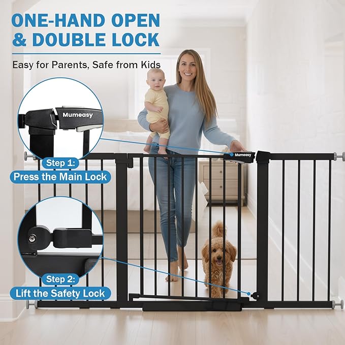 Mumeasy 29.7-57" Extra Wide Baby Gate for Doorways, Auto Close Dog Gate Indoor for Stairs, No-Drill Pressure Mounted Pet Gate with Door, Easy Walk Thru Long&Large Safety Gate for House, Outdoor, Black