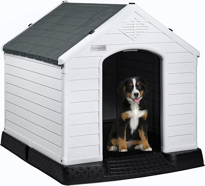 LEMBERI Durable Waterproof Plastic Dog House for Small to Large Sized Dogs, Indoor Outdoor Doghouse Insulated Puppy Shelter with Elevated Floor, Easy to Assemble (Gray, 34''L*31''W*32''H)