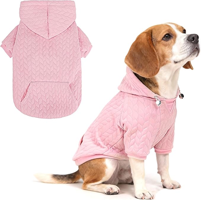 EXPAWLORER Textured Cable Knit Basic Dog Hoodie, Elevated Style Dog Sweater with Leash Hole and Pocket, Soft and Warm Pet Winter Coat, Cold Weather Clothes for Small Medium Large Dogs,Pink L
