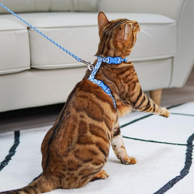 azuza Cat Harness and Leash Set for Safe Walking and Travel, Escape Proof Cat Harness, Lightweight Soft and Comfortable, Adjustable Kitten Harness for Small Medium Large Cats, Blue Plaid