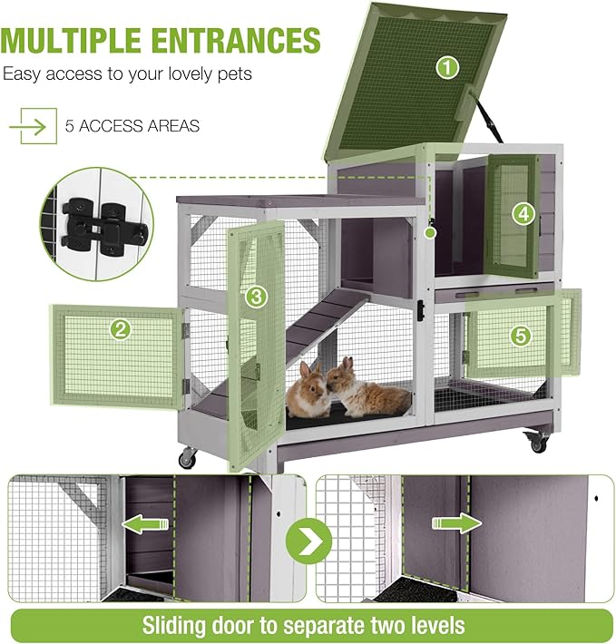 GUTINNEEN 2-Story Rabbit Hutch Indoor Bunny Cage Outdoor Guinea Pig House Wooden Small Animal Cage with Chew-Proof Ramp, Leak-Proof Tray, Lockable Wheels for 2-4 Rabbits, Guinea Pigs (Grey)