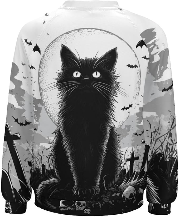 Halloween Sweatshirts for Women Black Cat Print Pullover Crewneck Oversized 2024 Fall Fashion Casual Warm Shirt