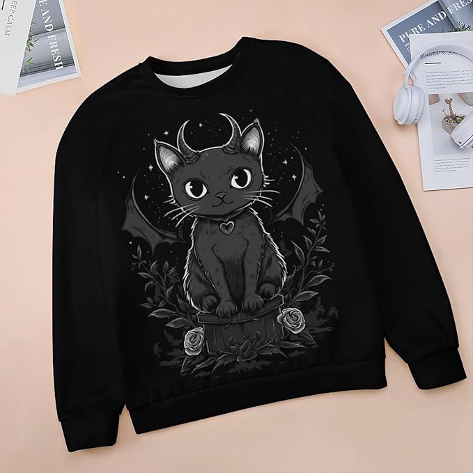 Halloween Sweatshirts for Women Black Cat Print Pullover Crewneck Oversized 2024 Fall Fashion Casual Warm Shirt