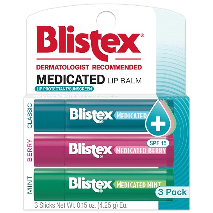 Blistex Medicated Lip Balm, 0.15 Oz Each, Classic, Mint and Berry Flavor, Soothes and Protects, Advanced Medicated Lip Care for Dry, Chapped Lips, SPF 15 Sun Protection, 3 Count, 1 Pack
