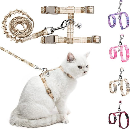 BEAUTYZOO Cat Harness and Leash Set Escape Proof for Walking, Kitten Soft Adjustable Vest Harnesses for Small Medium Large Cats, Easy Control Breathable Plaid Ribbon Nylon for Outdoor Indoor Use