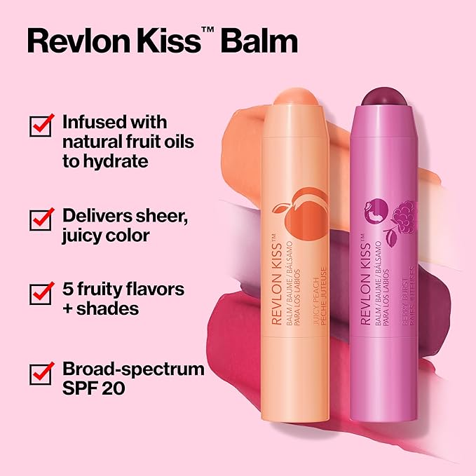Revlon Lip Balm, Kiss Tinted Lip Balm, Face Makeup with Lasting Hydration, SPF 20, Infused with Natural Fruit Oils, 030 Sweet Cherry, 0.09 Oz (Pack of 2)
