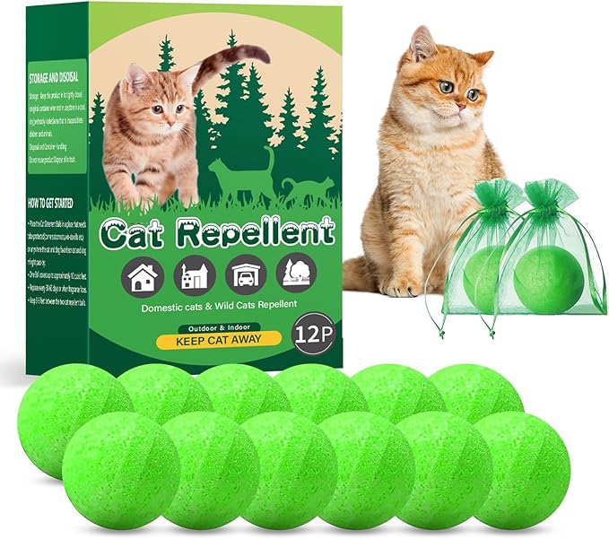 Natural Cat Repellent Balls (12 Pack) - Indoor & Outdoor Use, Cat Deterrent Outdoor to Keep Cats Away, Keep Cats Out of Yard Permanently, Essential Oil Repellent, Protect Furniture from Scratching