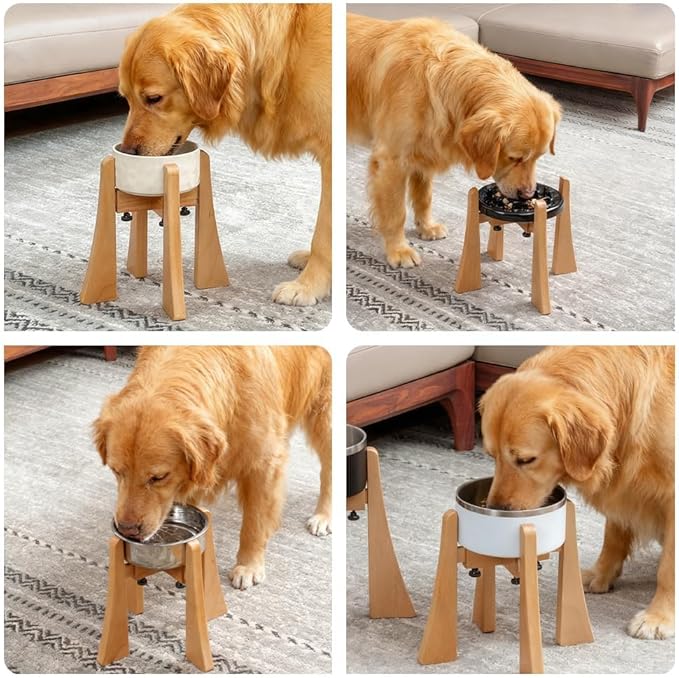 Beech Dog Bowl Stand for Medium Large Dogs,Elevated Dog Bowl Large Breed,Raised Bowl Stand，Adjustable Width for Different Bowls,Feeding Station with Non-Slip Feet (10-inch High)