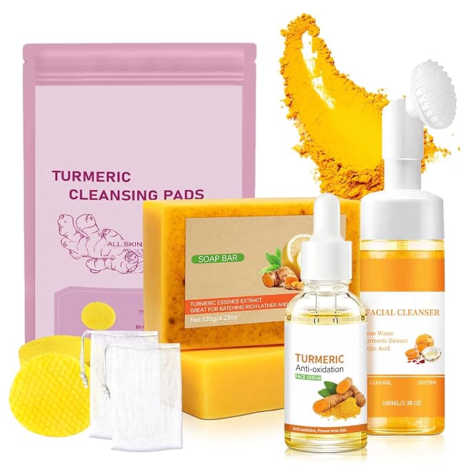 Roseye Turmeric Facial Kit with Brush - Foaming Face Wash & Soap for Refreshed Feel, Hydration, Subtle Shimmer - Unisex Skincare-5pcs