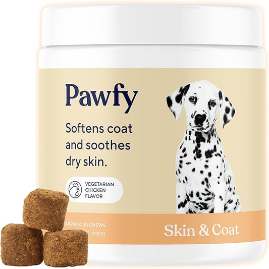 Pawfy Skin & Coat with Salmon Oil - Dog Allergy Relief Chews | Advanced Licking Paws Comfort | Dog Itching Skin Relief & Seasonal Allergies Support - Immune Support & Coat Defense | 30 Chews (Chicken)