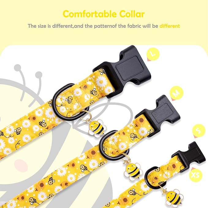 Faygarsle Dog Collar for Small Medium Large Dogs Yellow Puppy Collars for Female Dogs Floral Bee Daisy Patterned Pet Collars for Summer Spring Wedding Puppy Girl Dog Collar L