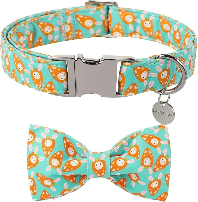 Easter Dog Collar with Bow Tie, Lovely Cotton Easter Carrot Adjustable Bowtie Collar for Girl Boy Dog, Adorable Carrots Puppy Collars with Metal Buckle,S, Neck 10-16in