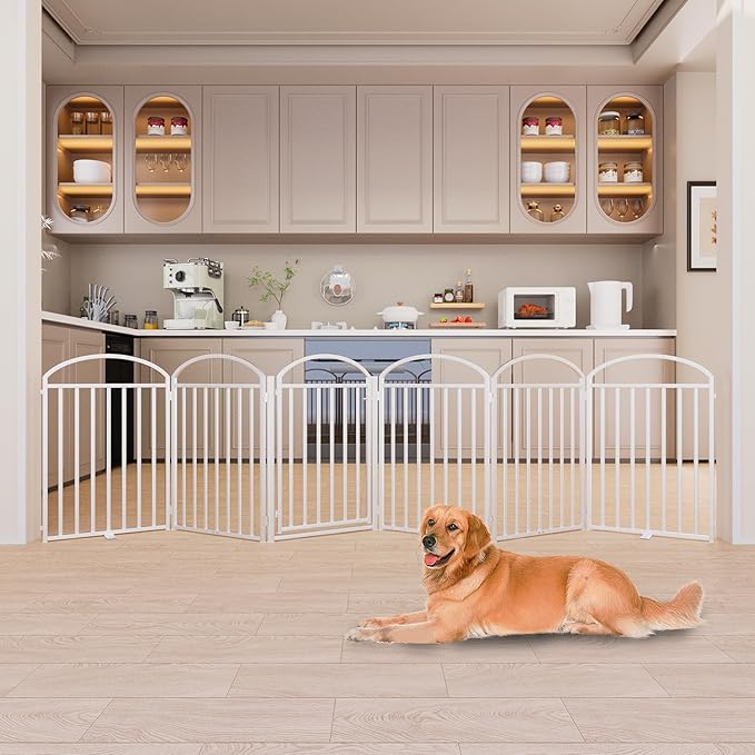 6 Panels Full Matel Freestanding Dog Gates with Door, 144"Extra Wide 32"Tall Free Standing Dog Pet Gate for Indoor & Outdoor. Foldable Pet Fences for Doorways, House, Stairs, Porch, Deck, Yard