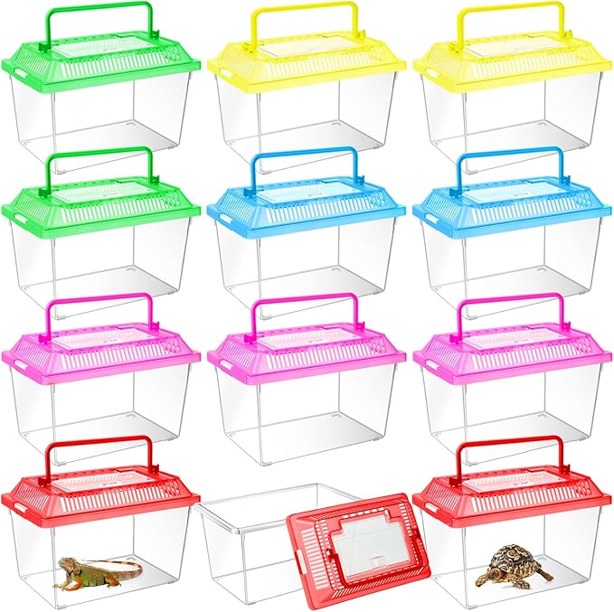 12Pcs Plastic Reptile Terrariums Carrier Cage, Tarantula Enclosure Breeding Box Hatching Container Transparent Fish Tank Turtle Aquarium with Random Color Lid for Hermit Crab, M(7" x 4.3" x 4.3")