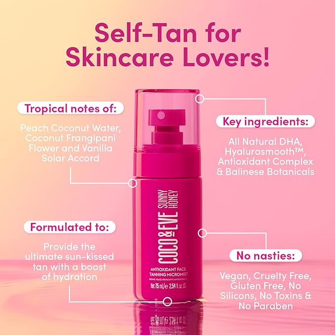 Coco & Eve Antioxidant Face Tanning Micromist – Hydrating Self Tanner & Tan Mist for Face, Streak-Free Quick-Dry Sunless Facial Mist Spray, Natural Glow (75 ml)