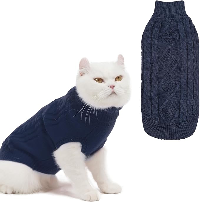 BINGPET Cat Sweater,Thermal Knitted Kitten Clothes Winter Coat,Classic Knit Turtleneck Cat Sweaters for Cats Only,Warm Pet Clothes for Kittens & Small Dogs Puppy Boy Girl Indoor Outdoor(Navy Blue,S)