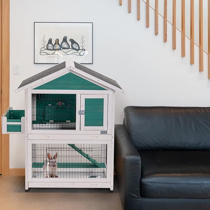 Petsfit 2 Story Rabbit Hutch with Trays Outdoor Weatherproof, Bunny Cage with Openable Roof
