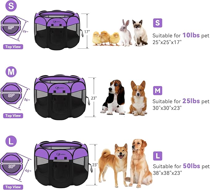 Large Dog Playpen, Puppy Pet Playpen Indoor, Dogs Tent Crates Cage Indoor/Outdoor, Portable Pop Up Dog Kennel Playpen with Carrying Case for Dogs/Cats/Rabbits, Purple