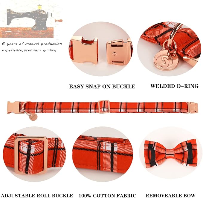 DOGWONG Fall Plaid Dog Collar with Removable Cute Bow Tie Adjustable Pet Collars, Soft Comfy Orange Plaid Pet Collar - Fall Dog Collar for Small Medium Large Dogs